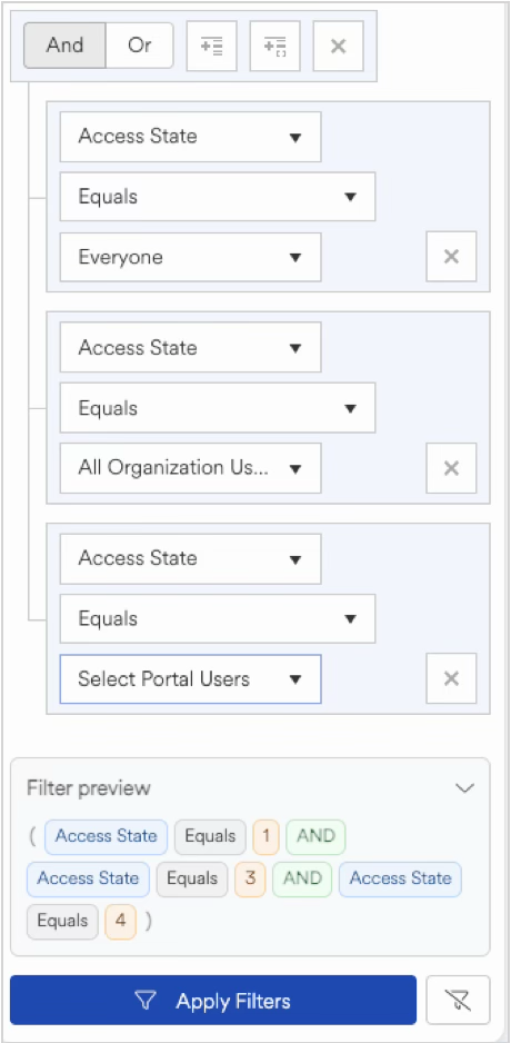 Filter options for access states including Everyone, Organization Users, and Portal Users.